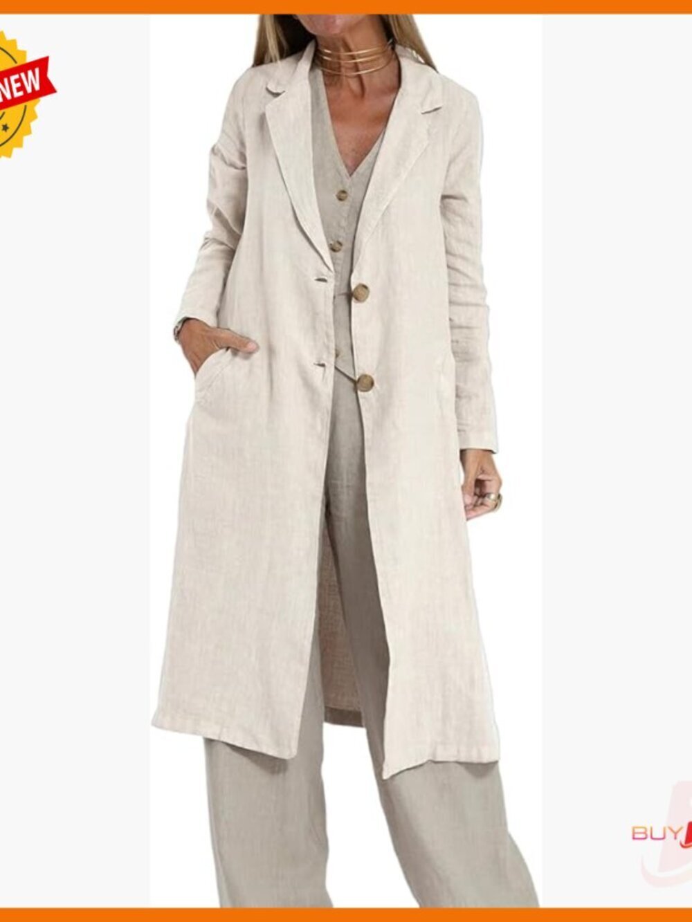 Long Linen Blazer Trench Coat Lightweight Casual Business Office Wear